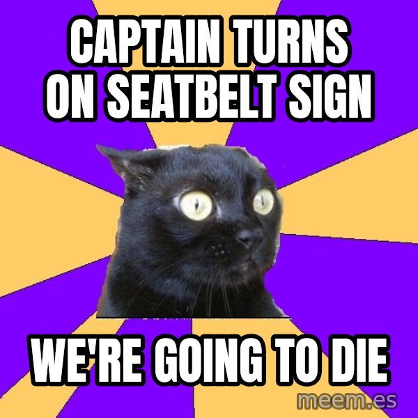 Anxiety Cat meme: captain turns on seatbelt sign / we're going to die