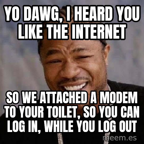 Yo Dawg meme: YO DAWG, I HEARD YOU LIKE THE INTERNET / SO WE ATTACHED A MODEM TO YOUR TOILET, SO YOU CAN LOG IN, WHILE YOU LOG OUT