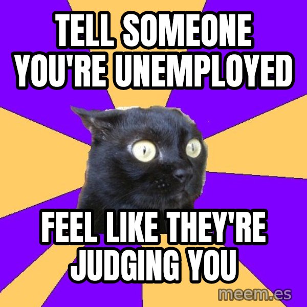 Anxiety Cat meme: Tell someone you're unemployed / Feel like they're judging you