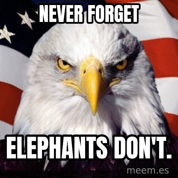American Pride Eagle meme: NEVER FORGET / elephants don't.
