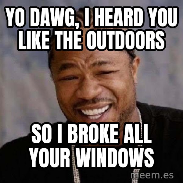 Yo Dawg meme: Yo DAwg, i heard you like the outdoors / so i broke all your windows