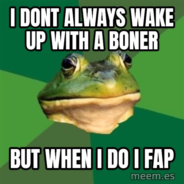 Foul Bachelor Frog meme: I Dont always wake up with a boner / But when i do i fap