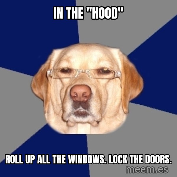 Racist Dawg meme: in the "hood" / roll up all the windows. lock the doors.