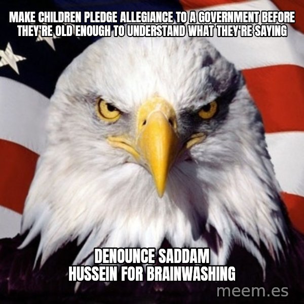 American Pride Eagle meme: make children pledge allegiance to a government before they're old enough to understand what they're saying / denounce saddam hussein  for brainwashing
