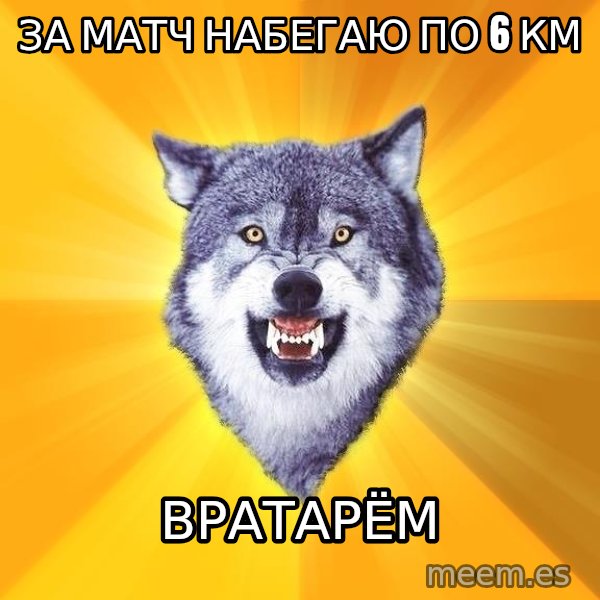 Courage Wolf meme: За матч набегаю по 6 км / вратарём