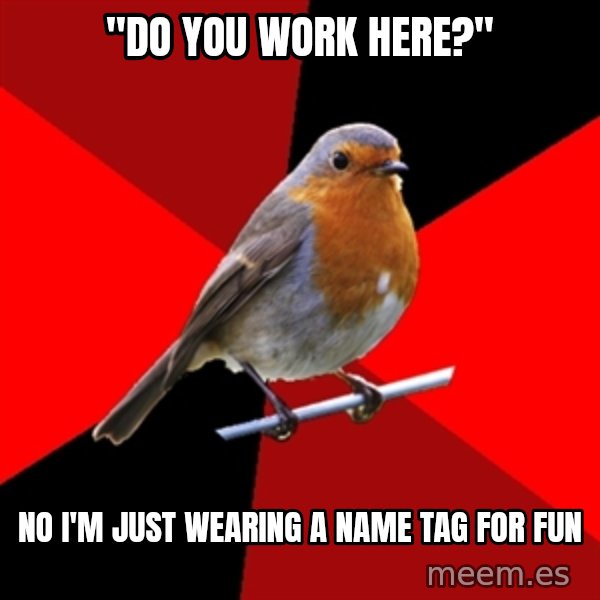 Retail Robin meme: "Do you work here?" / No I'm just wearing a name tag for fun