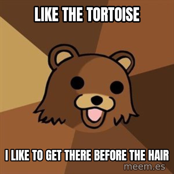 Pedobear meme: LIKE THE TORTOISE / I LIKE TO GET THERE BEFORE THE HAIR