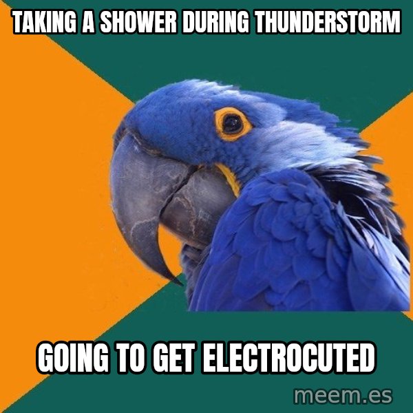 Paranoid Parrot meme: TAKING A SHOWER DURING THUNDERSTORM / Going to get electrocuted