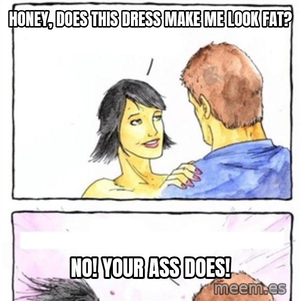 Alpha Boyfriend meme: honey, does this dress make me look fat? / no! your ass does!