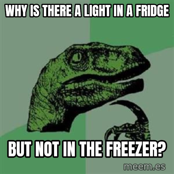 Philosoraptor meme: WHY IS THERE A LIGHT IN A FRIDGE / BUT NOT IN THE FREEZER?