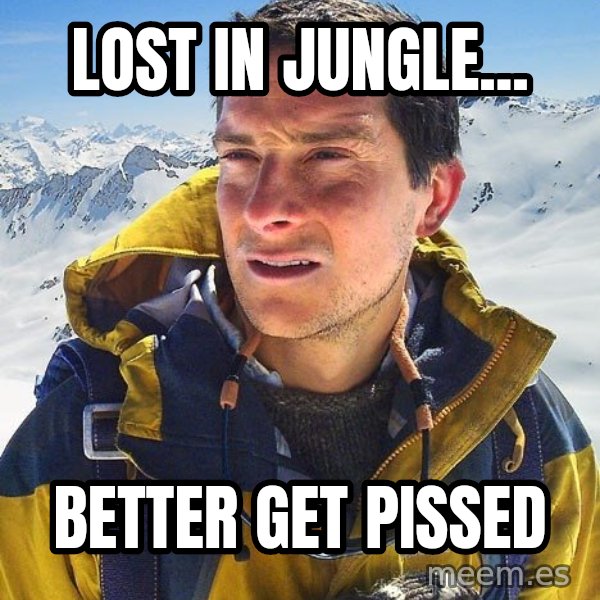 Bear Grylls meme: Lost in jungle... / better get pissed
