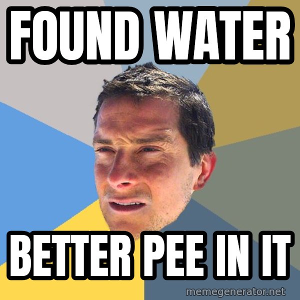Bear Grylls meme: found water / better pee in it
