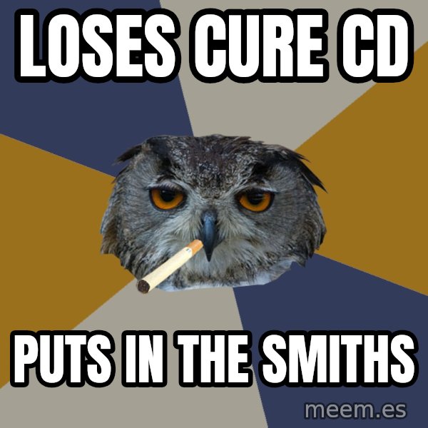 Art Student Owl meme: Loses cure cd / puts in the smiths