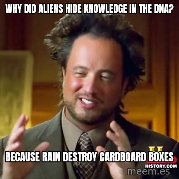 Giorgio A Tsoukalos Hair meme: WHY DID ALIENS HIDE KNOWLEDGE IN THE DNA? / BECAUSE RAIN DESTROY CARDBOARD BOXES