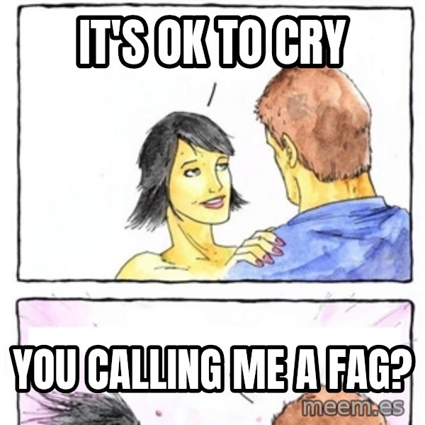 Alpha Boyfriend meme: it's ok to cry / you calling me a fag?