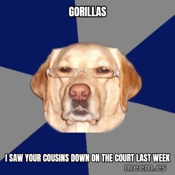 Racist Dawg meme: gorillas / i saw your cousins down on the court last week