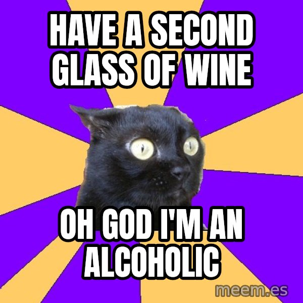 Anxiety Cat meme: Have a second glass of wine / OH GOD I'M AN ALCOHOLIC
