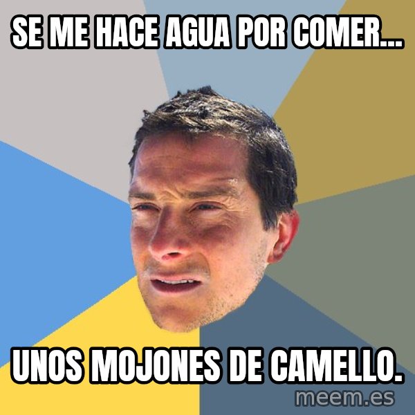 Bear Grylls meme: se me hace agua por comer... / unos mojones de camello.