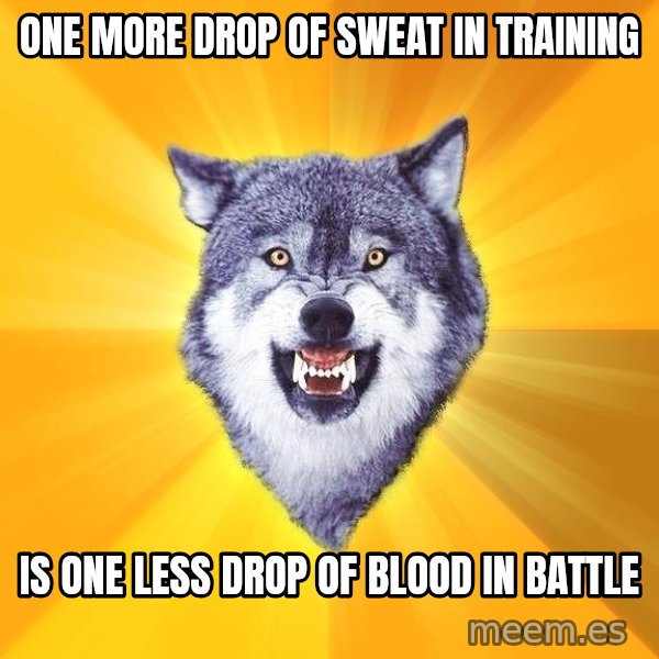 Courage Wolf meme: One more drop of sweat in training / is one less drop of blood in battle