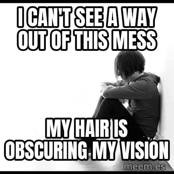 First World Problems meme: I can't see a way out of this mess / My hair is obscuring my vision