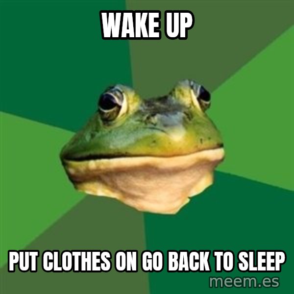 Foul Bachelor Frog meme: Wake up / put clothes on go back to sleep