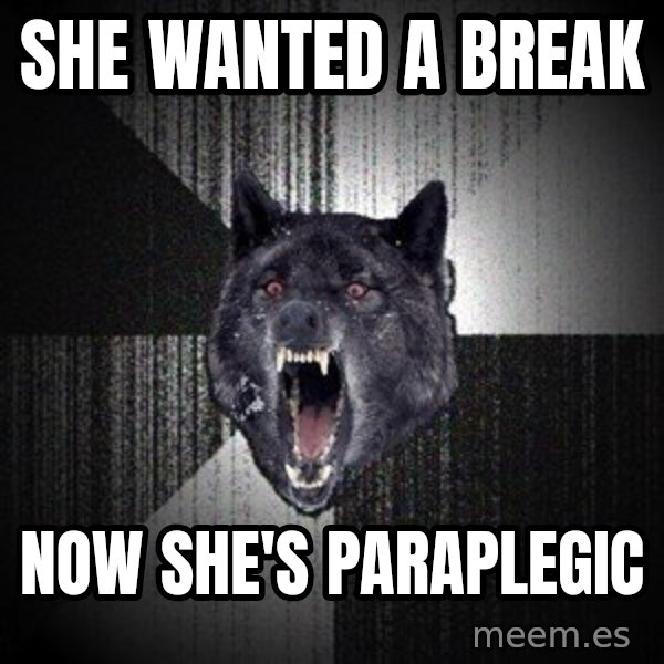 Insanity Wolf meme: SHE WANTED A BREAK / NOW SHE'S PARAPLEGIC