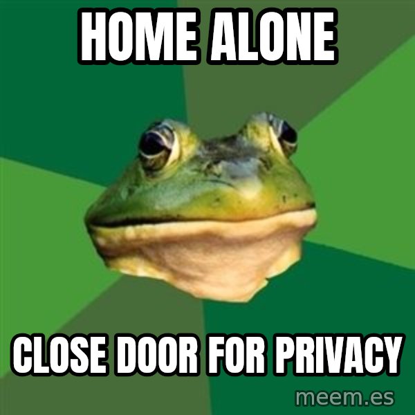Foul Bachelor Frog meme: home alone / close door for privacy