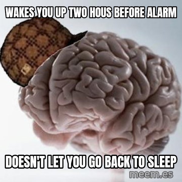 Scumbag Brain meme: Wakes You up two hous before alarm / Doesn't let you Go baCk to sleep