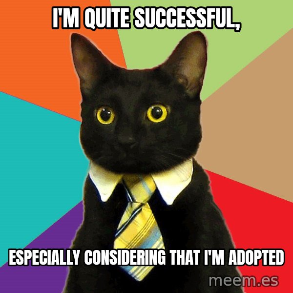 Business Cat meme: i'm quite successful, / especially considering that i'm adopted