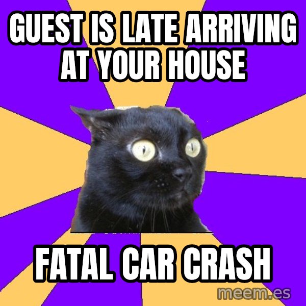Anxiety Cat meme: Guest is late arriving at your house / fatal car crash