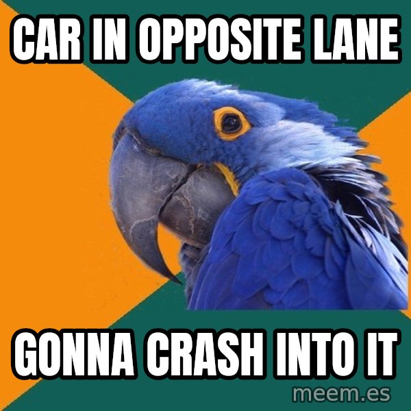 Paranoid Parrot meme: Car in opposite lane / gonna crash into it