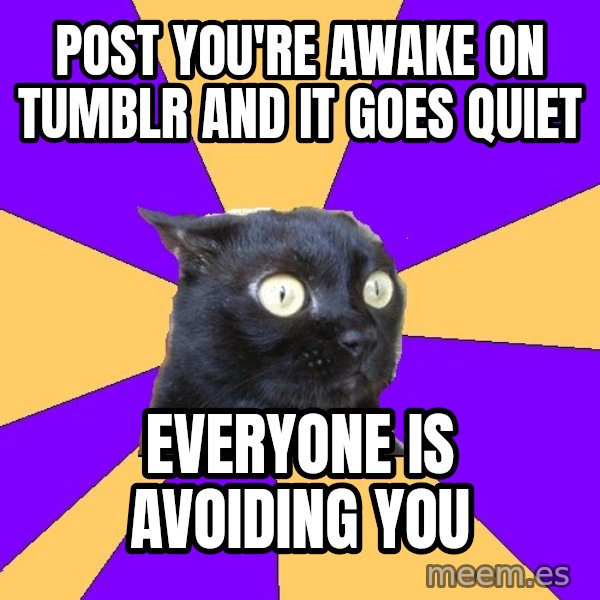 Anxiety Cat meme: POST YOU'RE AWAKE ON TUMBLR AND IT GOES QUIET / EVERYONE IS AVOIDING YOU
