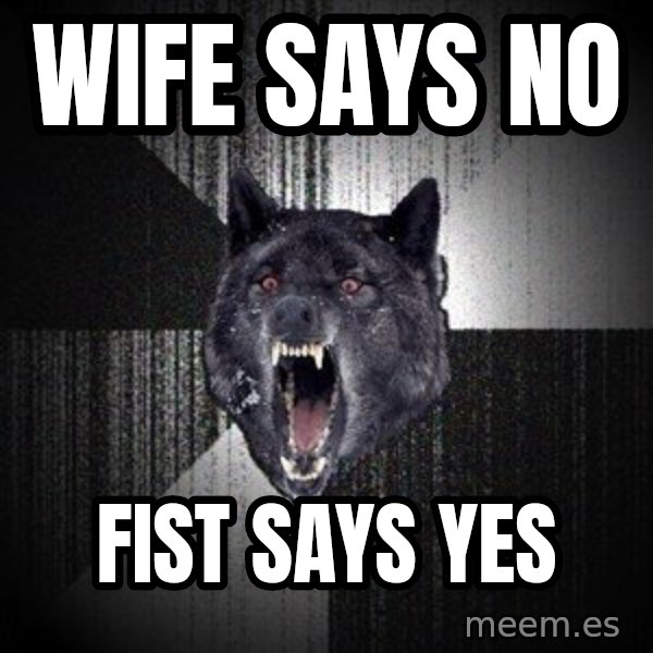 Insanity Wolf meme: WIFE SAYS NO / FIST SAYS YES