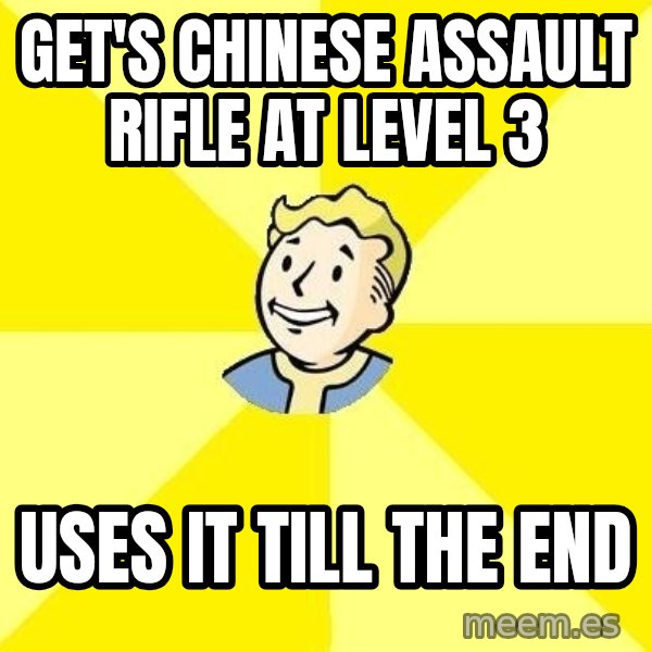 Fallout 3 meme: GET'S CHINESE ASSAULT RIFLE AT LEVEL 3 / USES IT TILL THE END