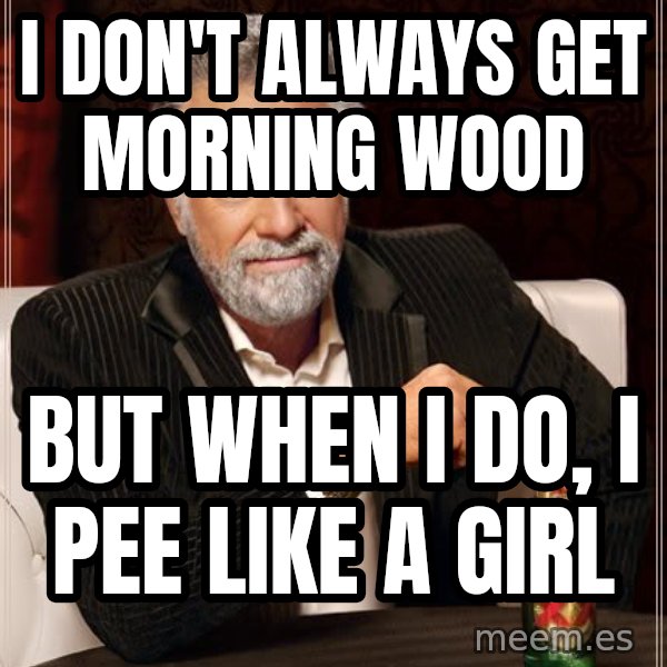 The Most Interesting Man In The World meme: i don't always get morning wood / But when I do, i pee like a girl
