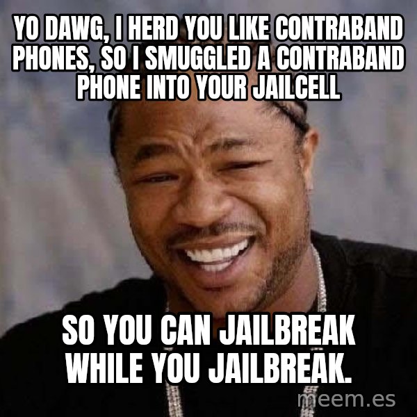 Yo Dawg meme: Yo Dawg, i herd you like contraband phones, so i smuggled a contraband phone into your jailcell / so you can jailbreak while you jailbreak.