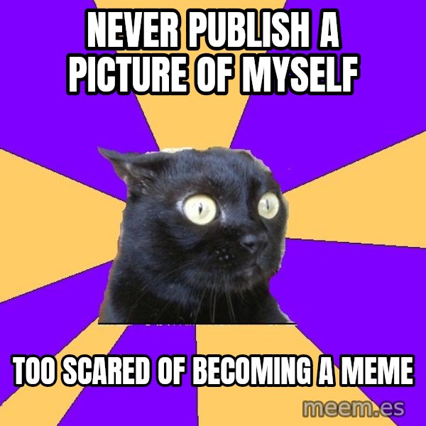 Anxiety Cat meme: NEVER PUBLISH A PICTURE of myself / TOO scaREd OF BEComing a MEME