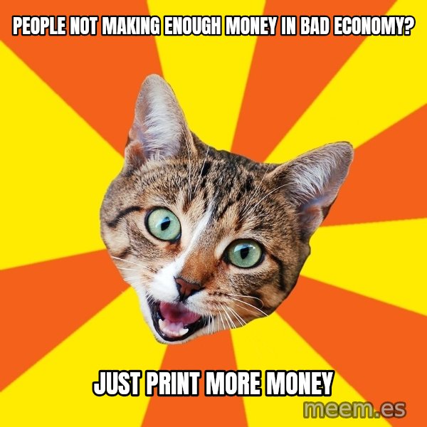Bad Advice Cat meme: people not making enough money in bad economy? / just print more money