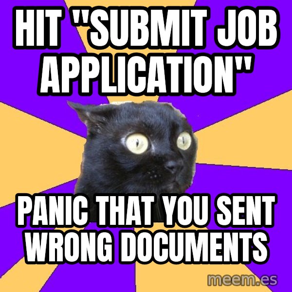 Anxiety Cat meme: HIT "SUBMIT JOB APPLICATION" / PANIC THAT YOU SENT WRONG DOCUMENTS