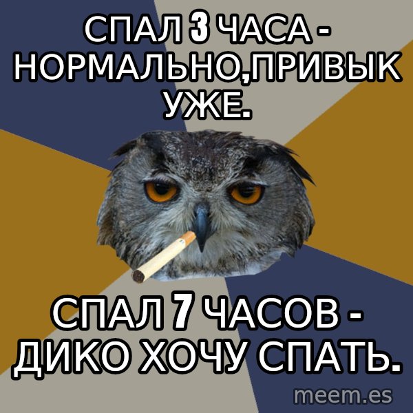 Art Student Owl meme: спал 3 часа - нормально,привык уже. / спал 7 часов - дико хочу спать.