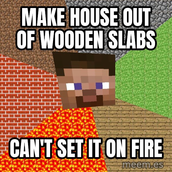 Minecraft Guy meme: make house out of wooden slabs / can't set it on fire