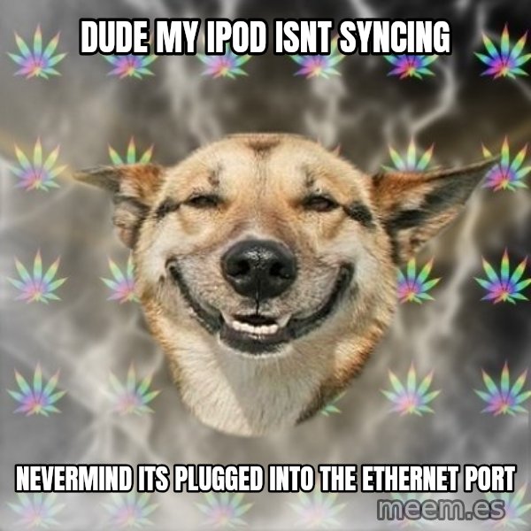 Stoner Dog meme: dude my ipod isnt syncing / nevermind its plugged into the ethernet port