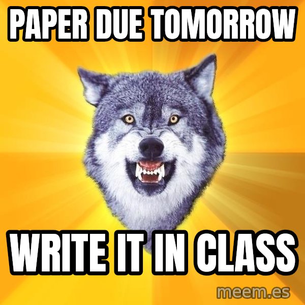 Courage Wolf meme: paper due tomorrow / write it in class