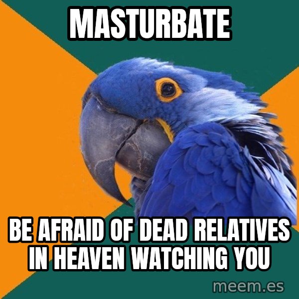 Paranoid Parrot meme: masturbate / be afraid of dead relatives in heaven watching you