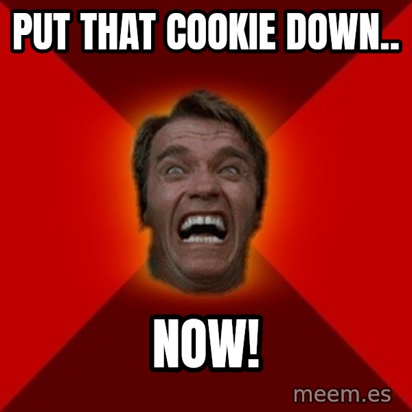 Angry Arnold meme: put that cookie down.. / NOW!