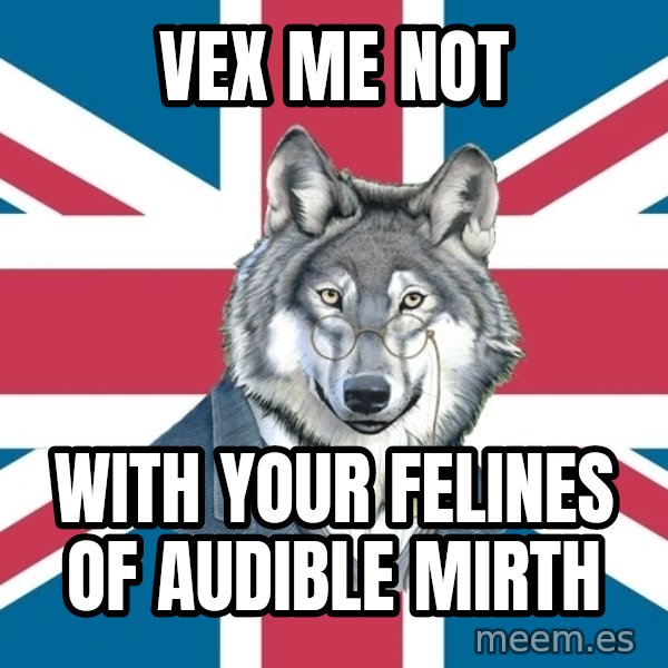 Sir Courage Wolf Esquire meme: vex me not / with your felines of audible mirth