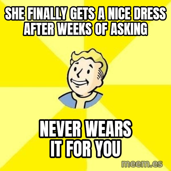Fallout 3 meme: she finally gets a nice dress after weeks of asking / never wears it for you