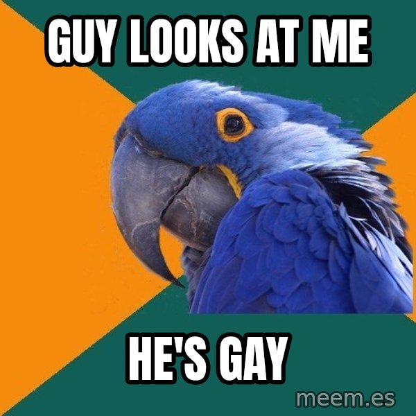 Paranoid Parrot meme: guy looks at me / he's gay
