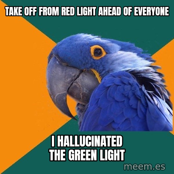 Paranoid Parrot meme: take off from red  light ahead of everyone / i hallucinated the green light