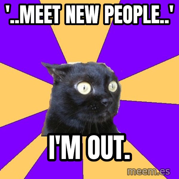 Anxiety Cat meme: '..meet new people..' / i'm out.